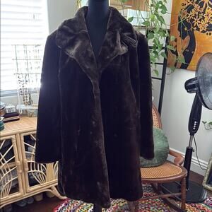 Vintage Union Made Unbranded Chocolate Brown Open Front Faux Fur Coat